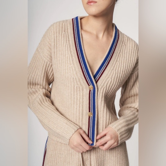 MADELEINE THOMPSON Beige Cardigan with Blue and Red Trim - Picture 1 of 5